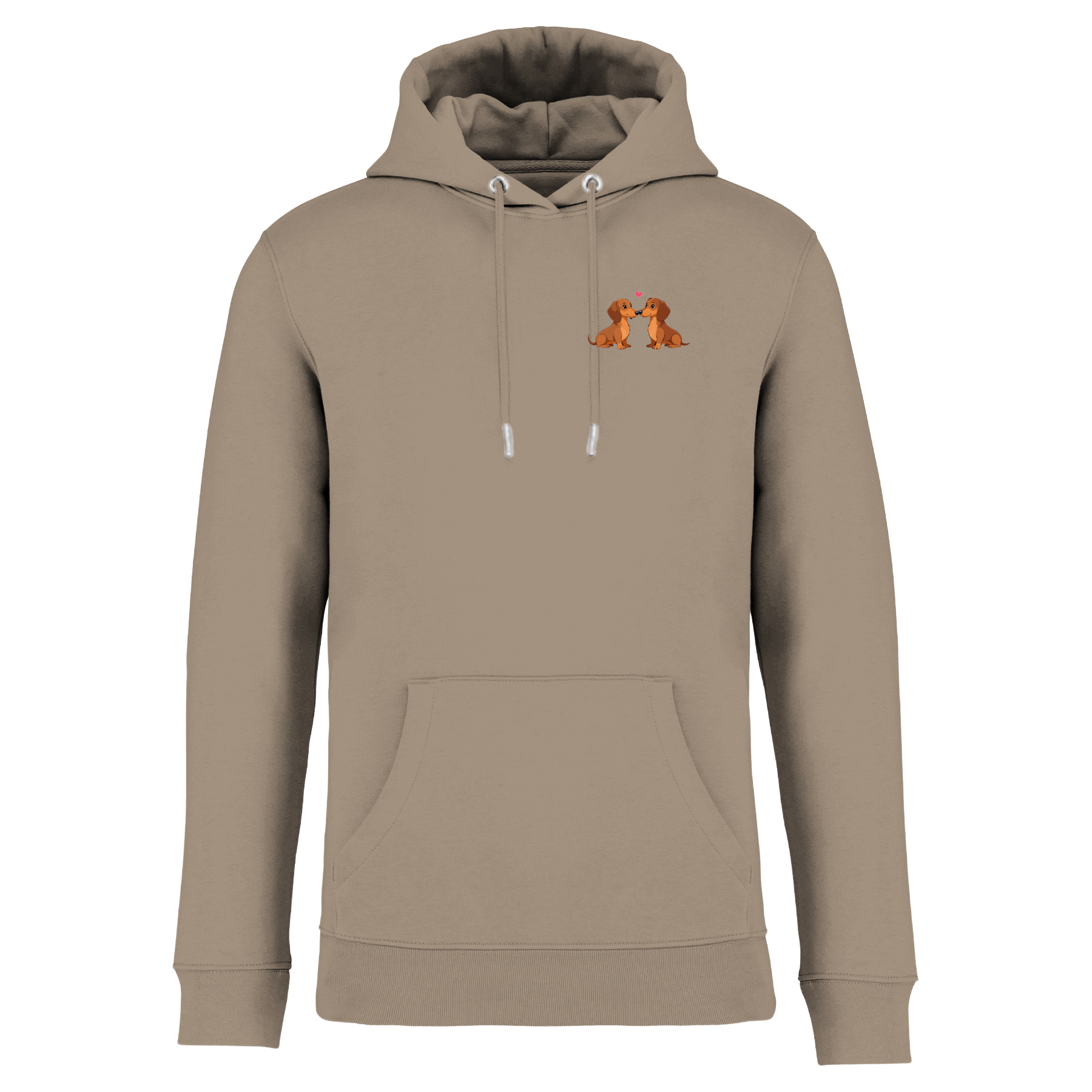 Beige Hoodie mit niedlichen Dackel-Motiven und Herz, nachhaltig – einzigartigbunt