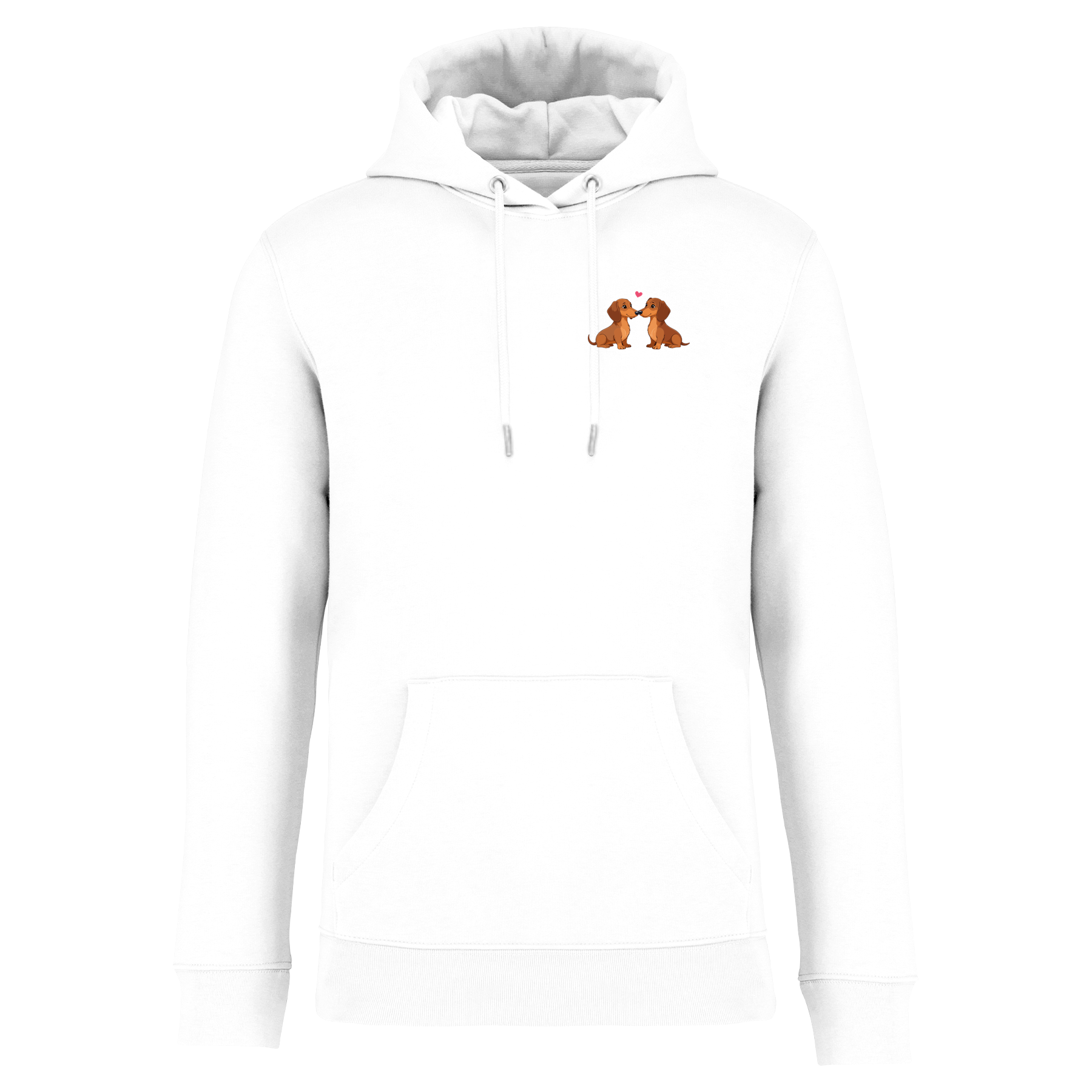 Weiße Hoodie mit niedlichen Dackel-Motiven und Herz, nachhaltig – einzigartigbunt