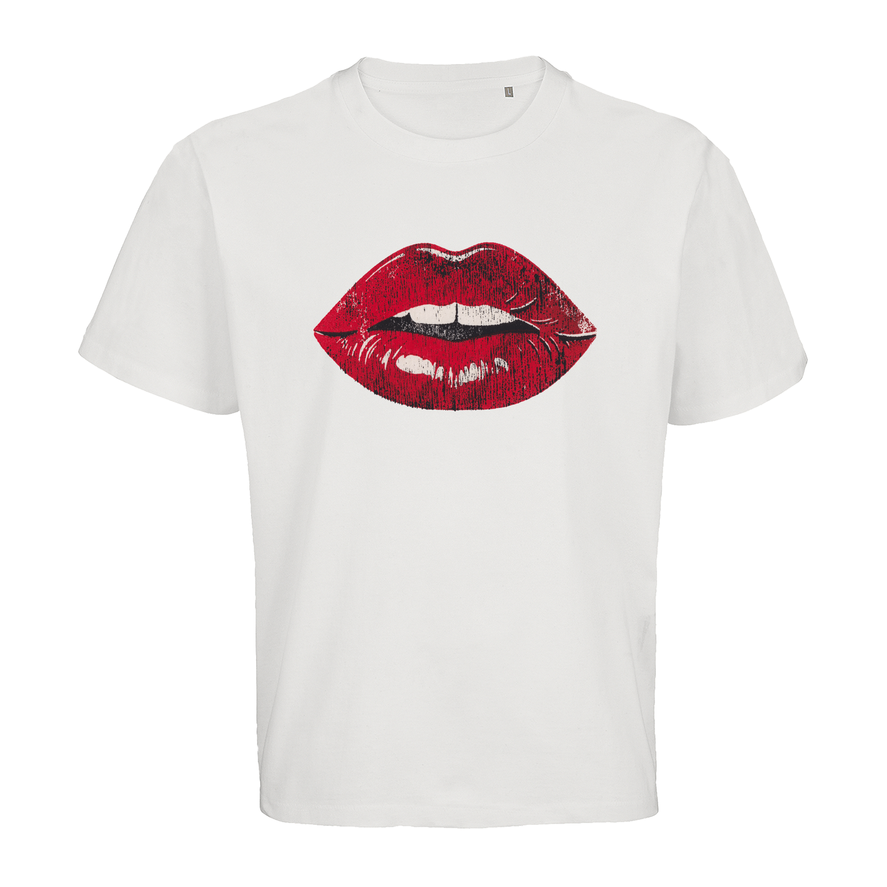 Weißes T-Shirt mit roten Lippen-Motiv, nachhaltig & fair produziert – einzigartigbunt