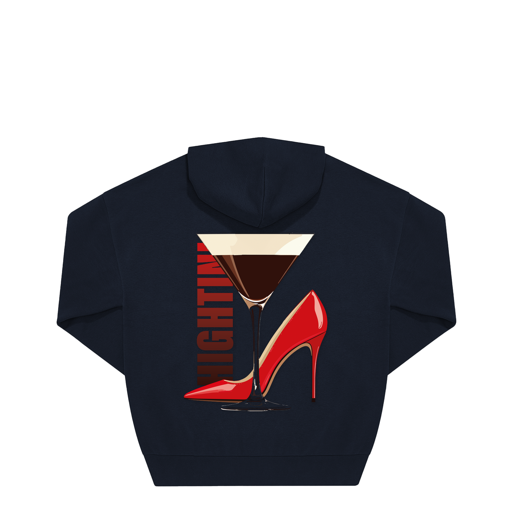 Navy Hoodie mit roter High Heel & Martini-Glas Motiv, nachhaltig – einzigartigbunt