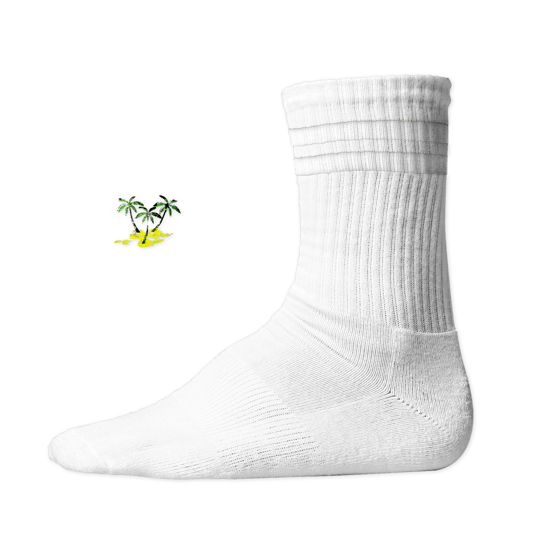 Weiße, gerippte Tennis Socke mit einem sommerlichen Palmen- und Strand-Druckmotiv auf der Schaftseite. White