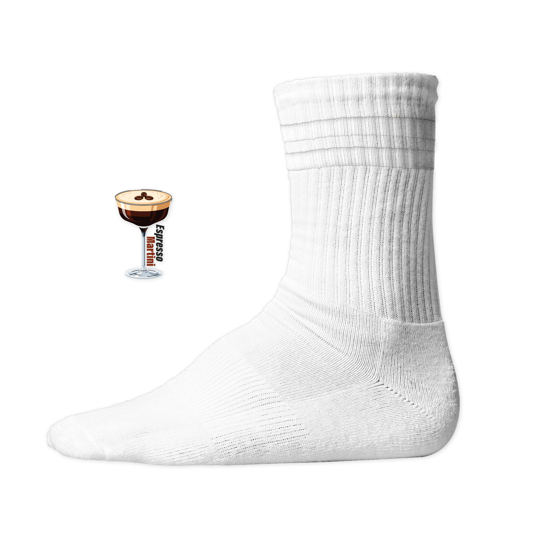 Weiße Tennis Socke mit einem gestickten Espresso Martini Glas und Text auf der Schaftseite. White
