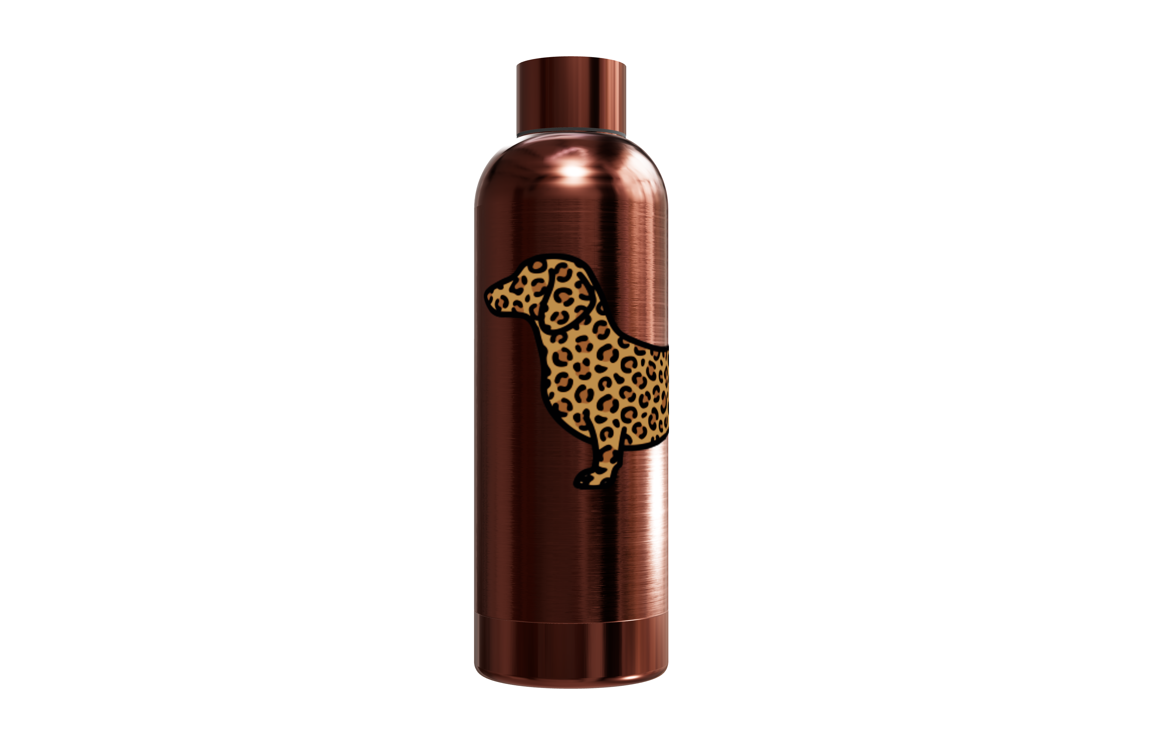 Roséfarbene Thermosflasche aus Edelstahl (550ml) bedruckt mit einem Dackel im Leo-Look. Hält Getränke heiß und kalt, von einzigartigbunt.