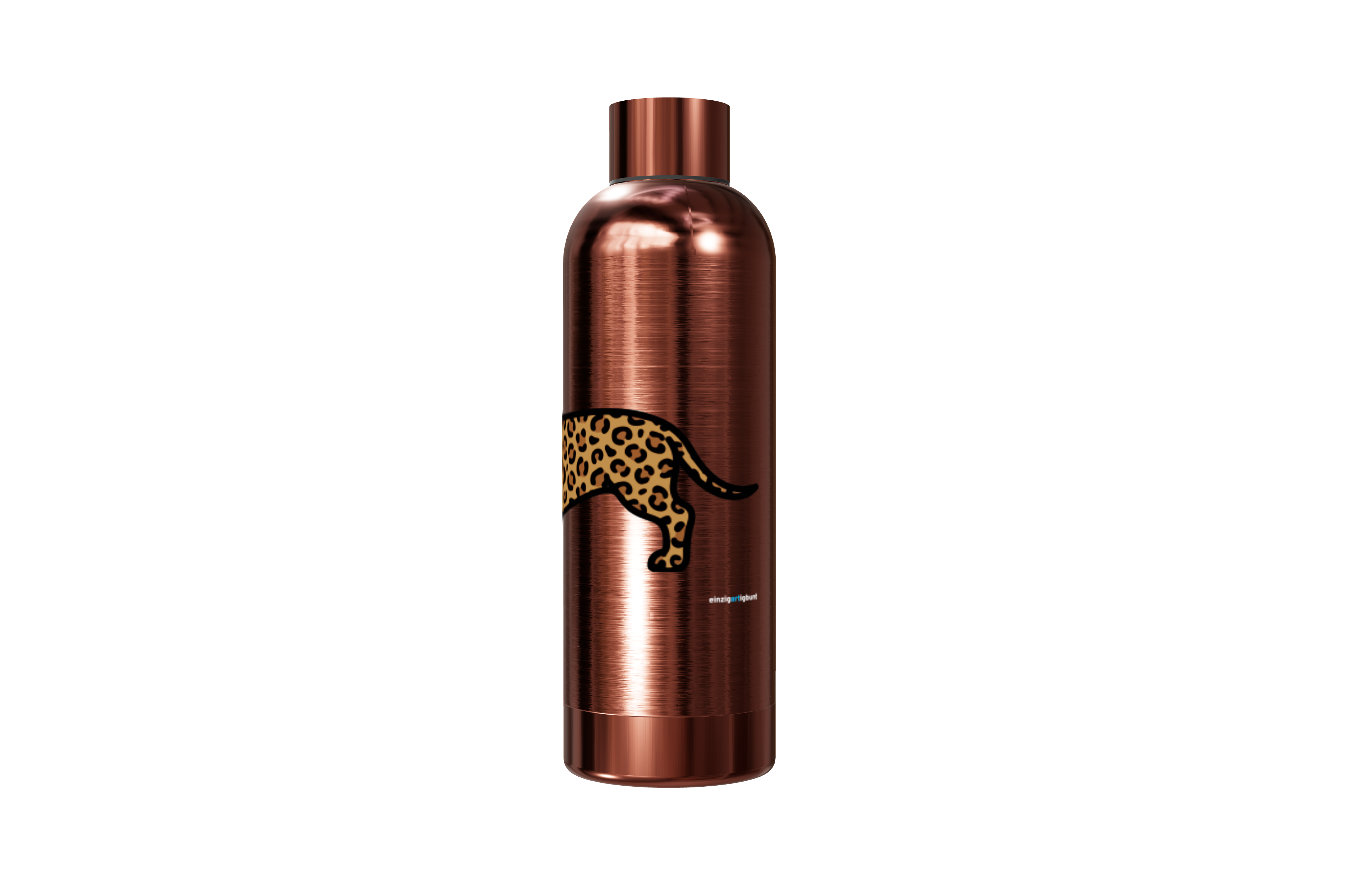 Roséfarbene Thermosflasche aus Edelstahl (550ml) bedruckt mit einem Dackel im Leo-Look hinten. Hält Getränke heiß und kalt, von einzigartigbunt.
