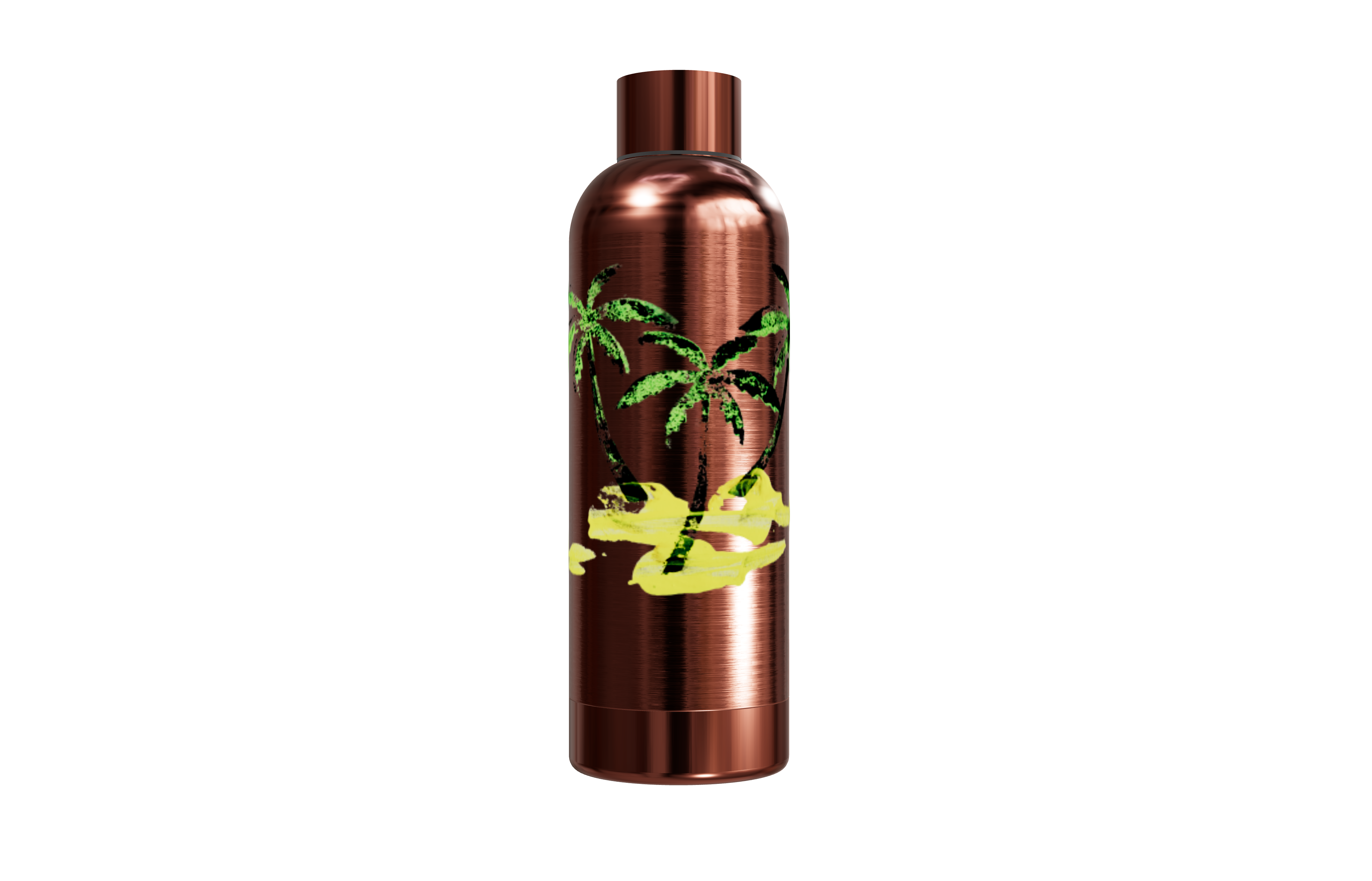 Roséfarbene Thermosflasche aus Edelstahl (550ml) mit Palmen- und Sand-Motiv. Doppelwandig und kupferisoliert.
