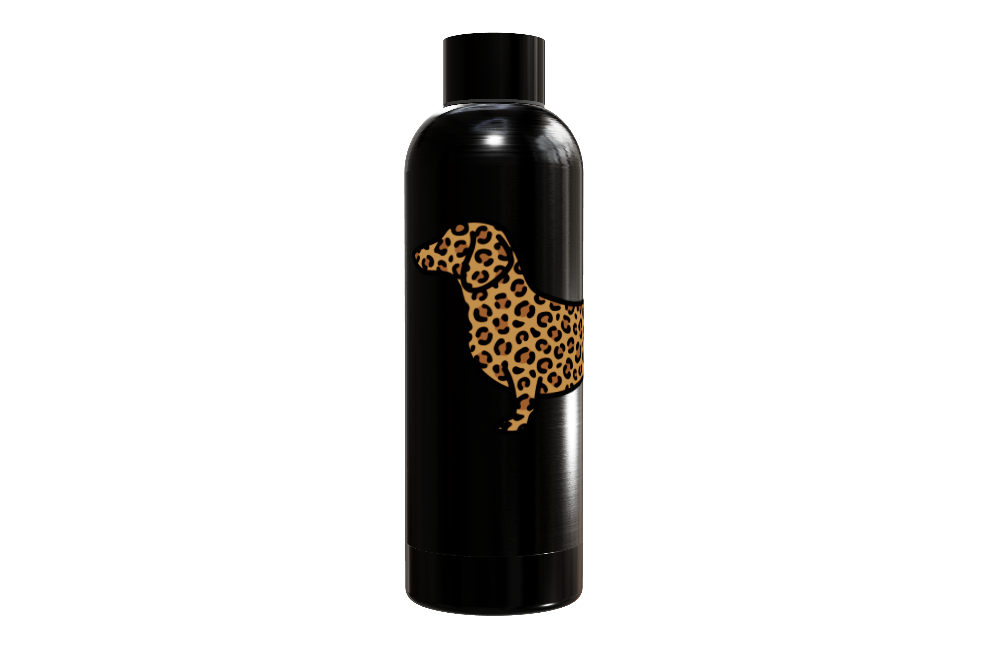 Schwarze Thermosflasche aus Edelstahl (550ml) mit einem Dackel-Motiv im Leo-Look. Doppelwandig und kupferisoliert von einzigartigbunt.