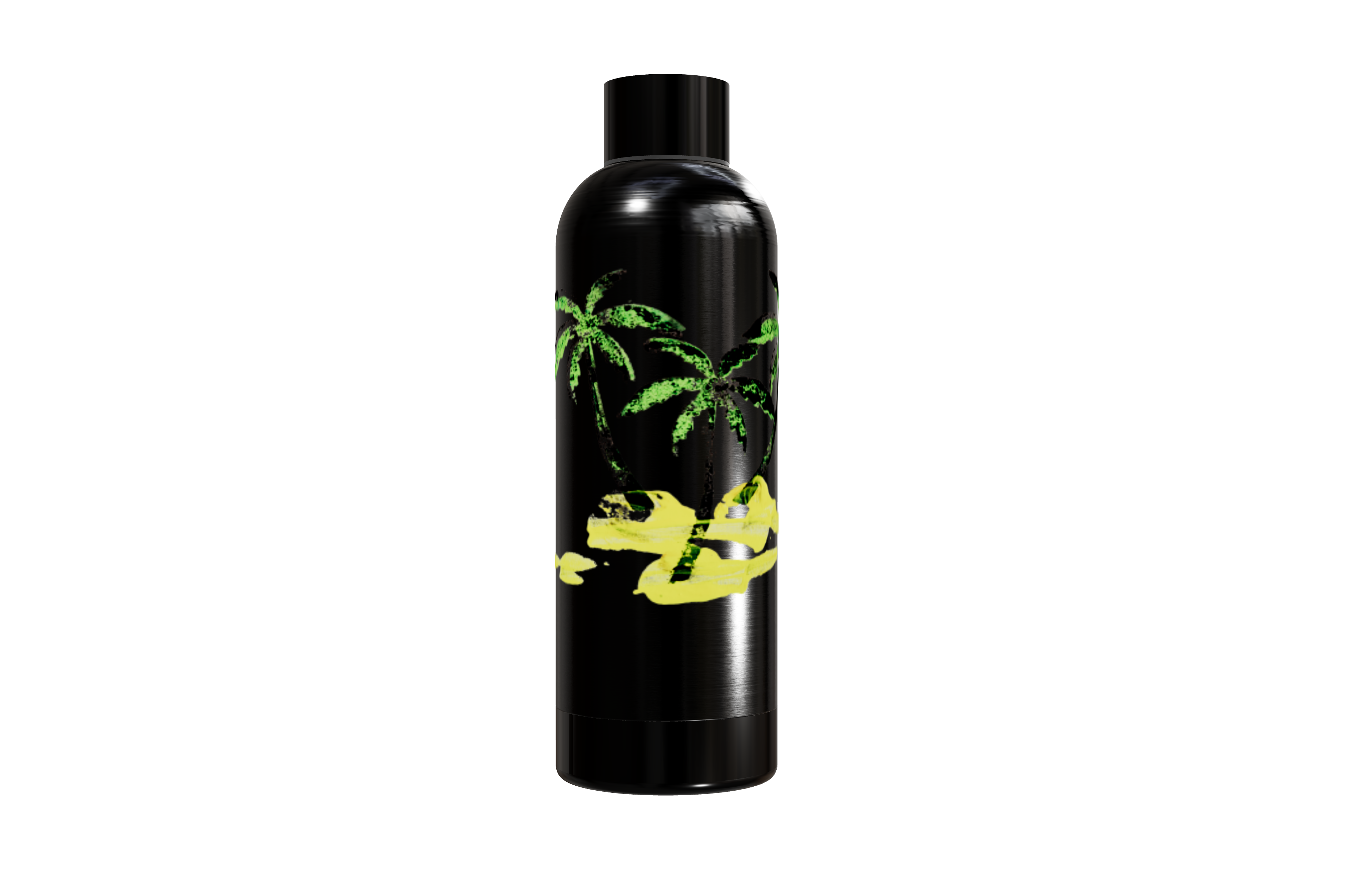 Schwarze Thermosflasche aus Edelstahl mit einem Palmen- und Sand-Motiv von einzigartigbunt.