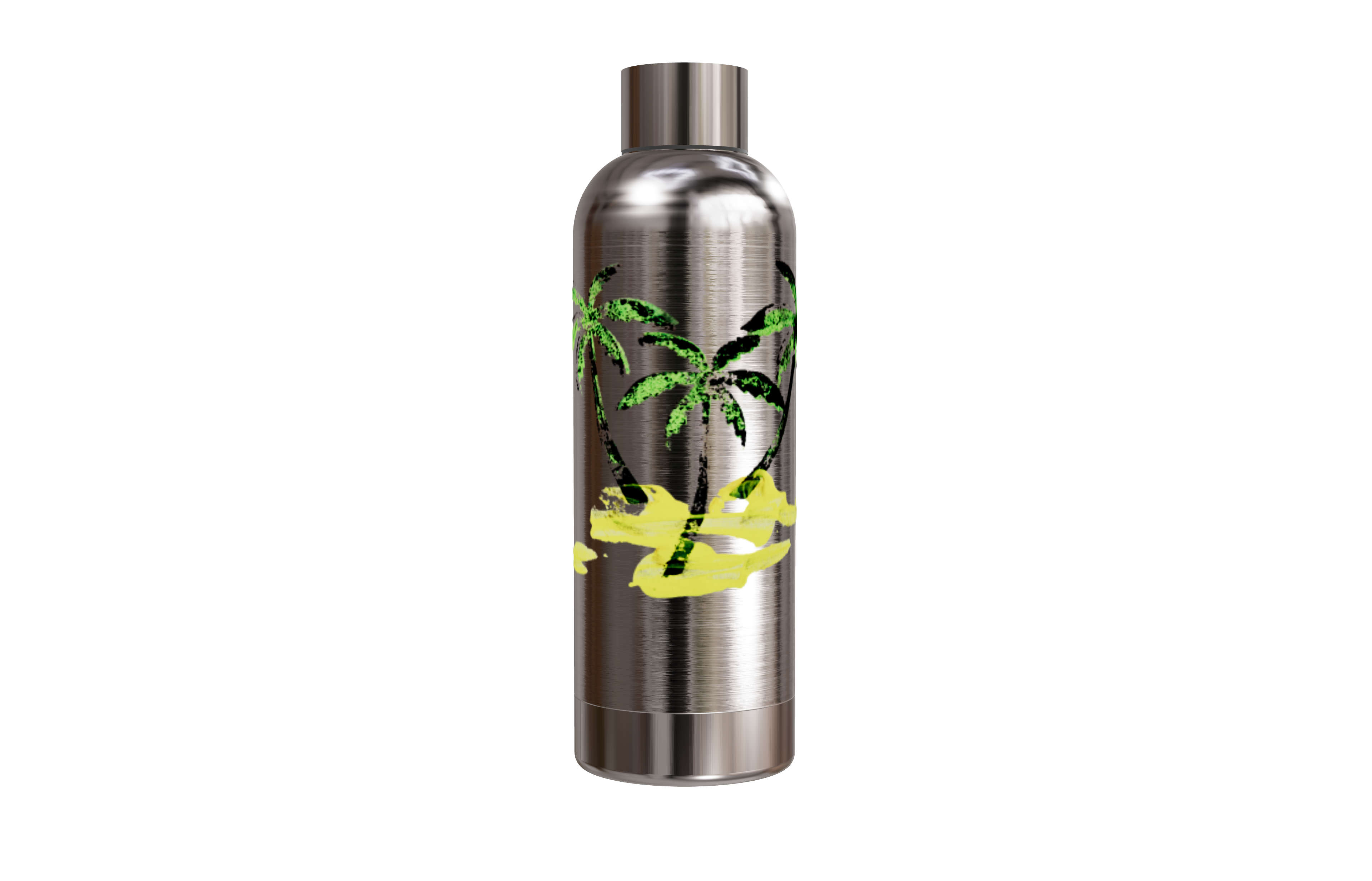 Silberne Thermosflasche aus Edelstahl mit einem Palmen- und Sand-Motiv von einzigartigbunt.