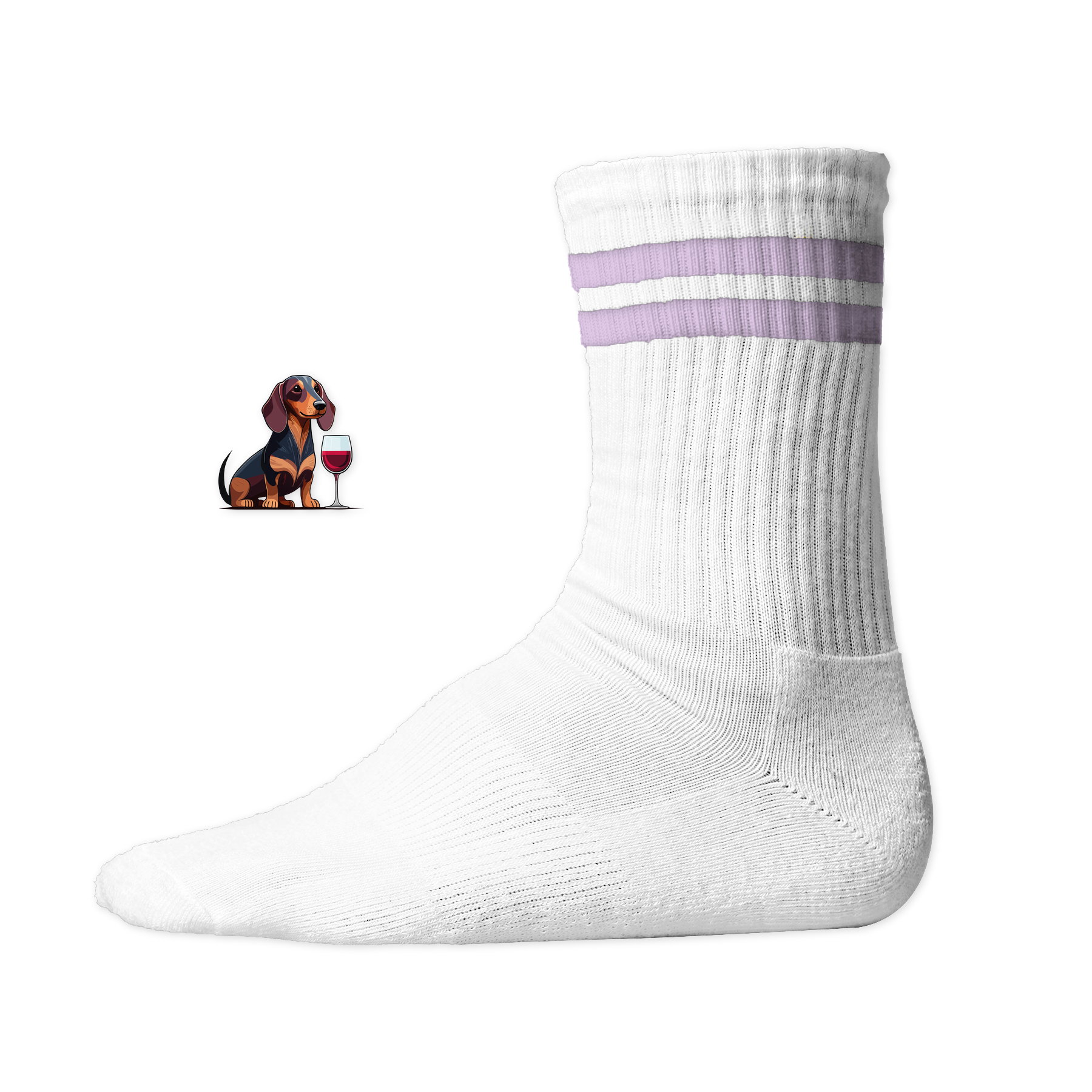 Weiße Socken mit lila Streifen & Dackel-Motiv, nachhaltig – einzigartigbunt