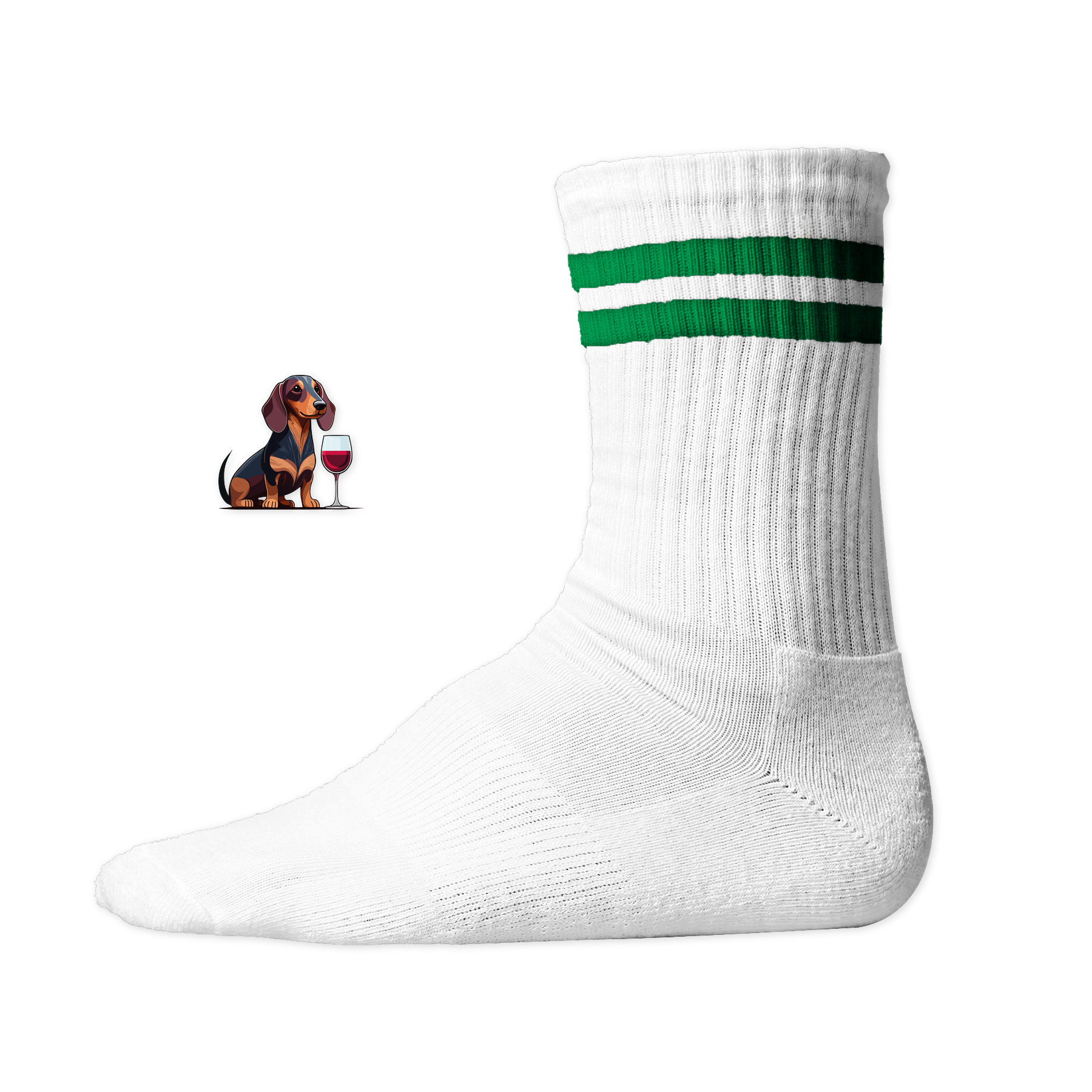 Weiße Socken mit grünen Streifen und Dackel-Motiv mit Wein, nachhaltig – einzigartigbunt
