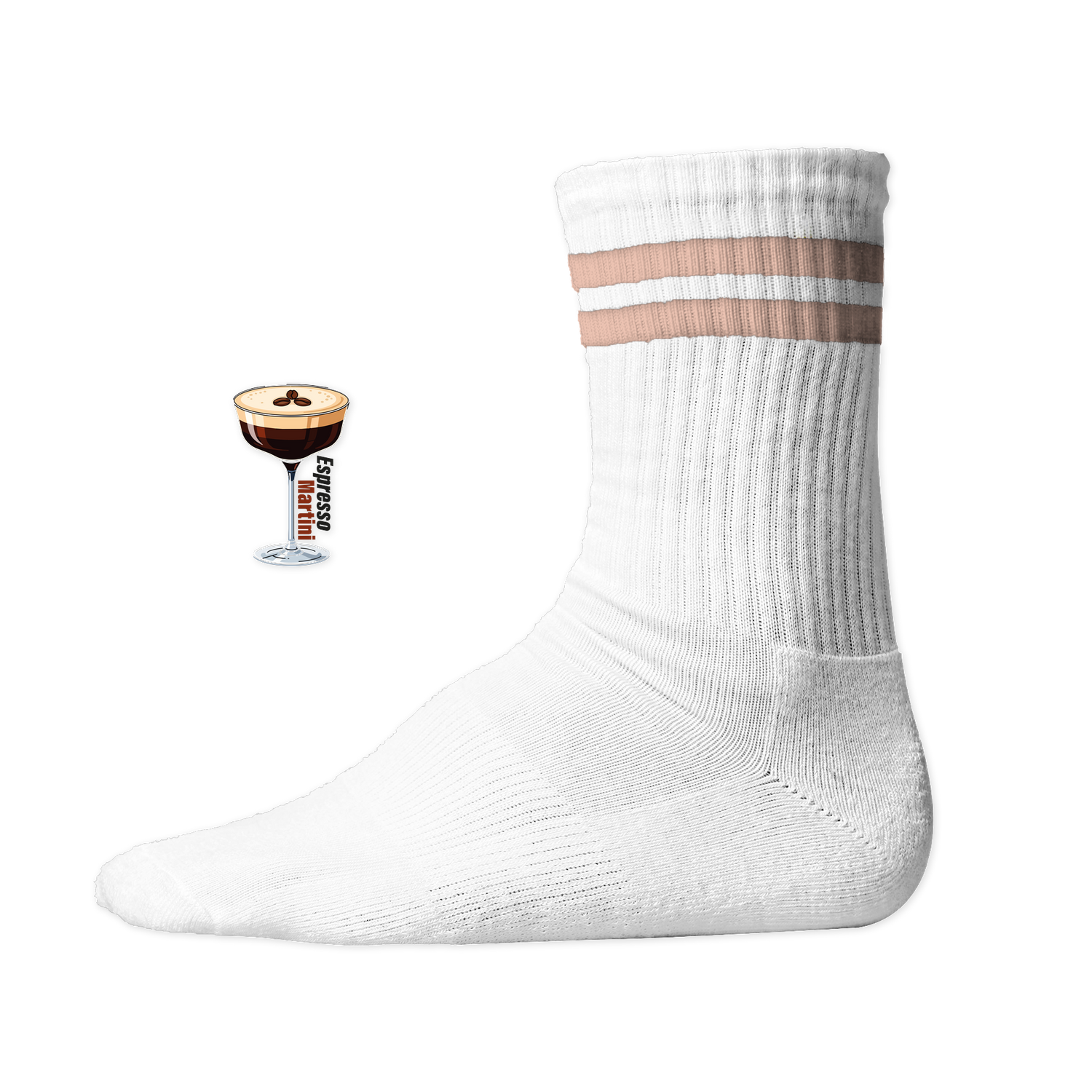 Weiße Tennis Socke mit einem gestickten Espresso Martini Glas und Text auf der Schaftseite. Peach Stripes