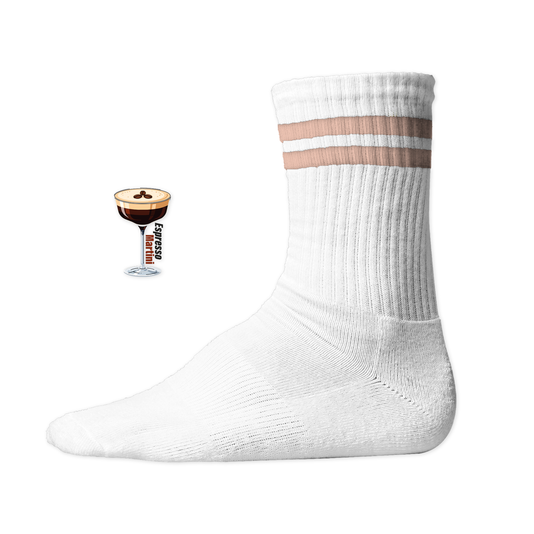 Weiße Tennis Socke mit einem gestickten Espresso Martini Glas und Text auf der Schaftseite. Peach Stripes