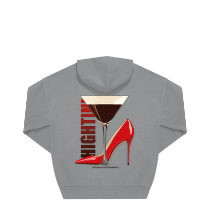 Grauer Hoodie mit rotem High Heel &amp; Martini-Glas Motiv, nachhaltig – einzigartigbunt