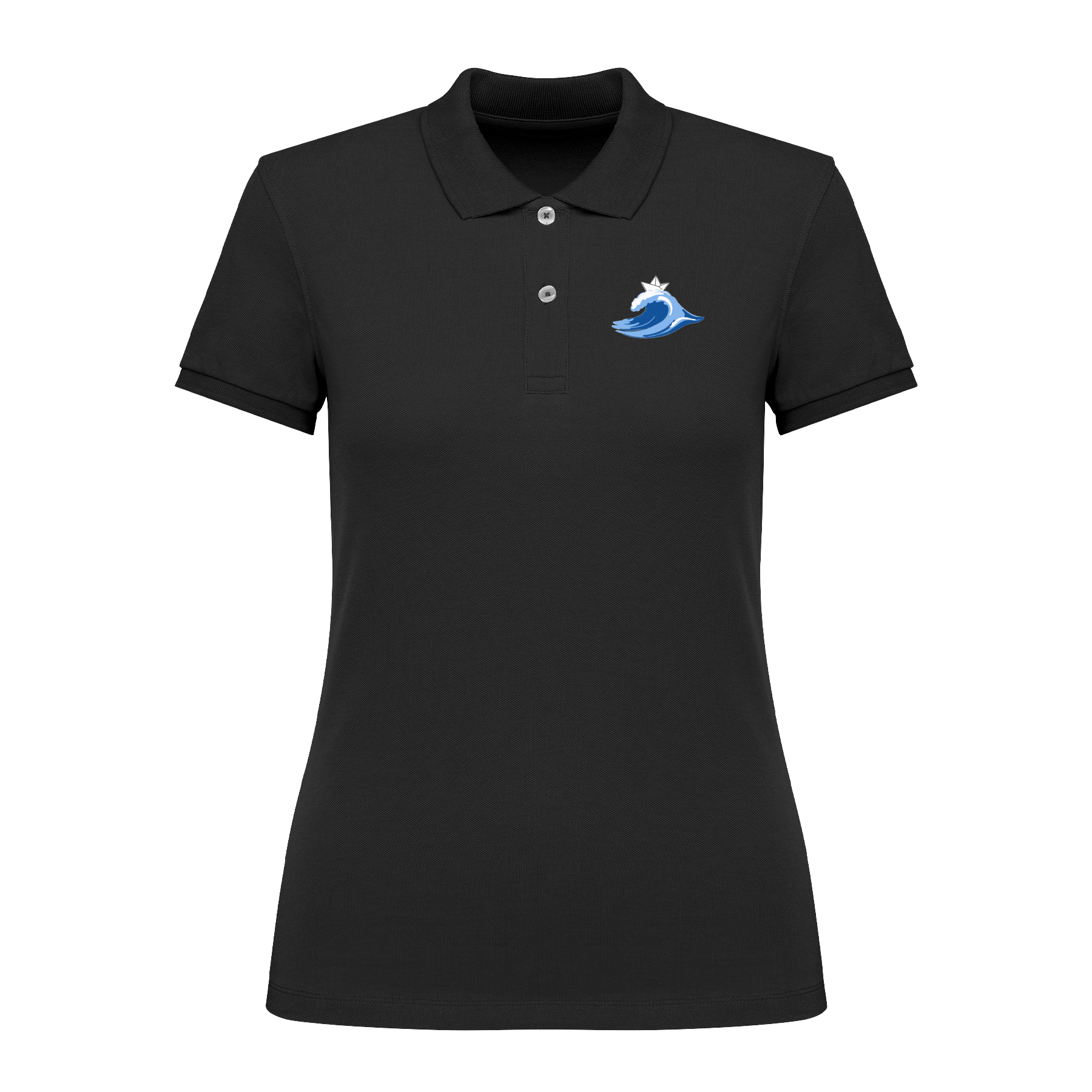 Schwarzes Polo mit blauem Wellen-Motiv und Krone, nachhaltig – einzigartigbunt