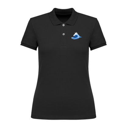 Schwarzes Polo mit blauem Wellen-Motiv und Krone, nachhaltig – einzigartigbunt