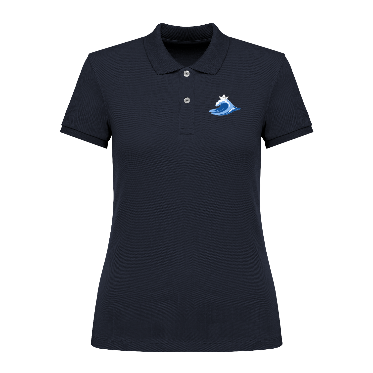 Dunkelblaues Polo mit blauer Welle und Krone, nachhaltig – einzigartigbunt