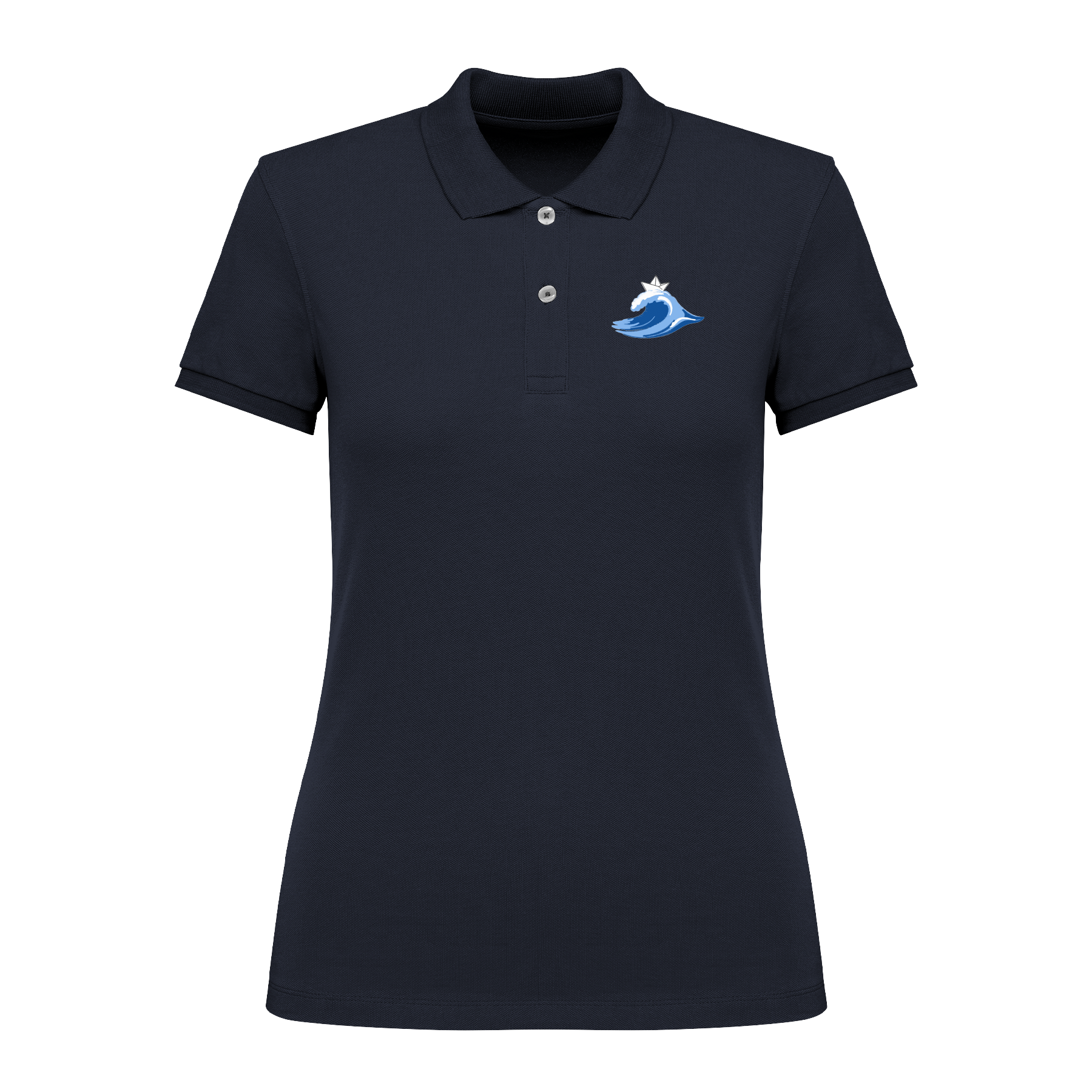 Dunkelblaues Polo mit blauer Welle und Krone, nachhaltig – einzigartigbunt