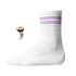 Weiße Tennis Socke mit einem gestickten Espresso Martini Glas und Text auf der Schaftseite. Lilac Stripes