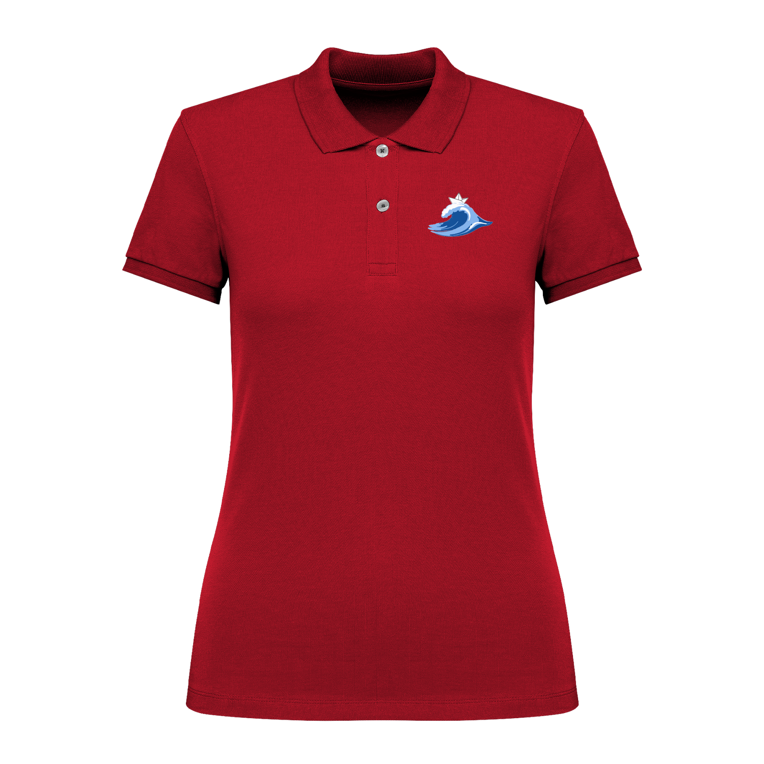 Rotes Polo-Shirt mit blauer Welle und Segelboot-Motiv, nachhaltig – einzigartigbunt