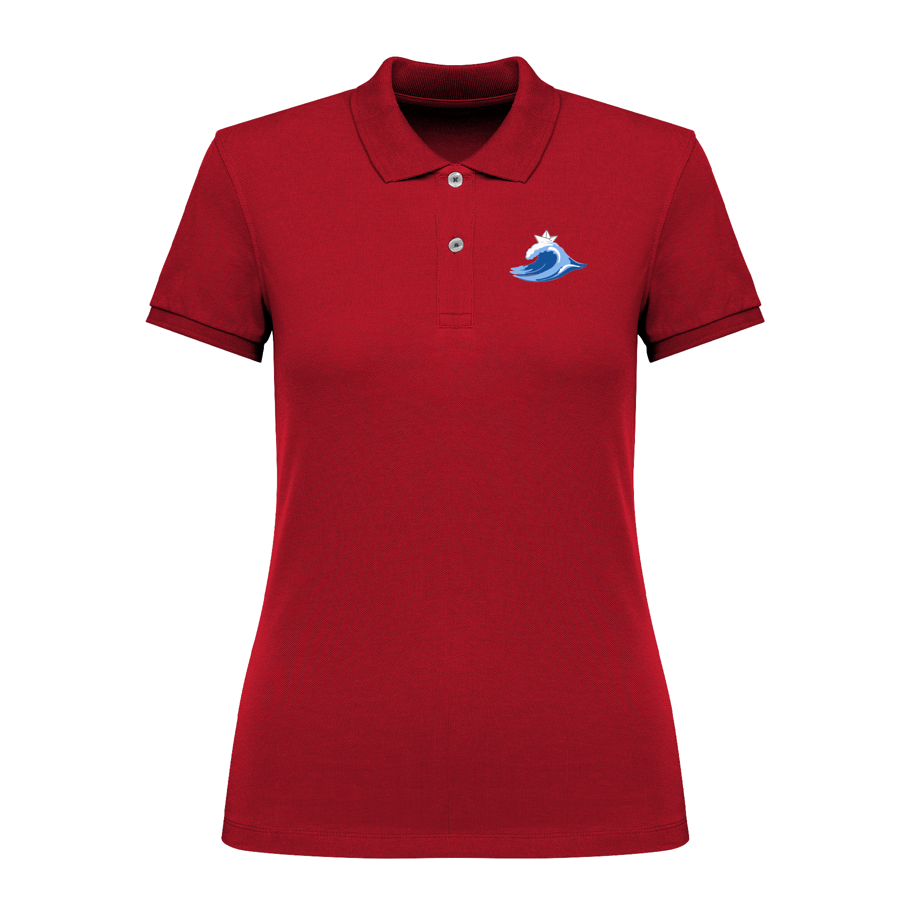 Rotes Polo-Shirt mit blauer Welle und Segelboot-Motiv, nachhaltig – einzigartigbunt