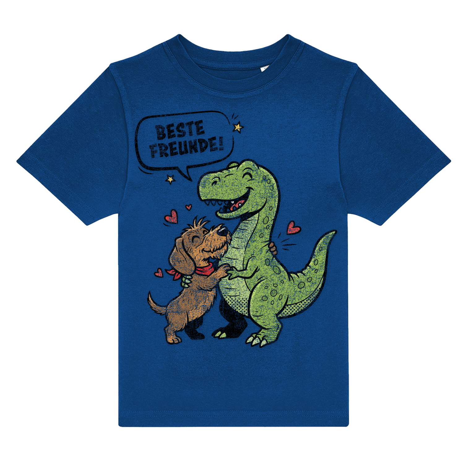 Blau nachhaltig T-Shirt mit Dackel &amp; Dino Motiv, Herzchen und „BESTE FREUNDE!“ – einzigartigbunt
