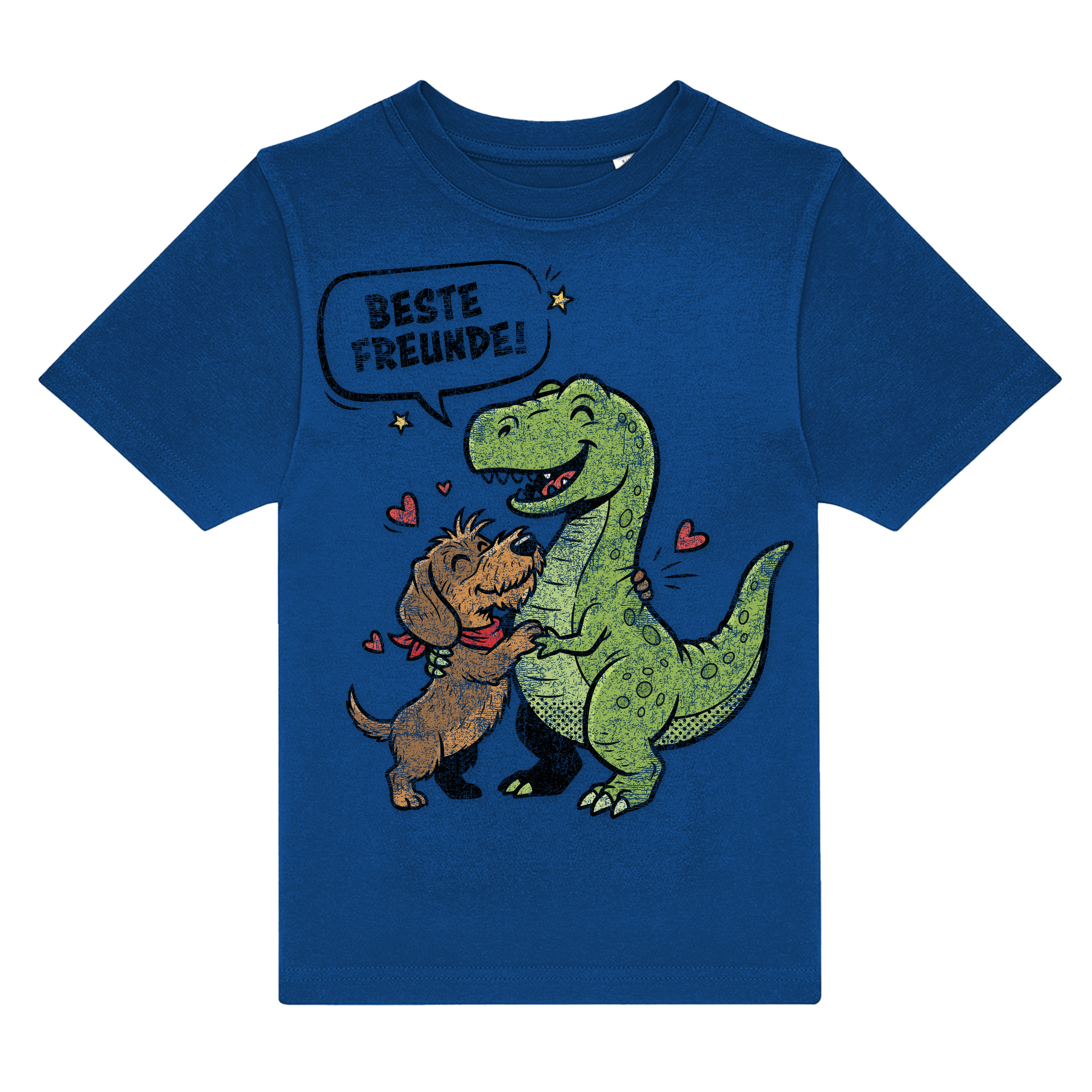 Blau nachhaltig T-Shirt mit Dackel &amp; Dino Motiv, Herzchen und „BESTE FREUNDE!“ – einzigartigbunt