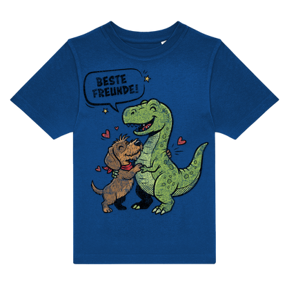 Blau nachhaltig T-Shirt mit Dackel &amp; Dino Motiv, Herzchen und „BESTE FREUNDE!“ – einzigartigbunt