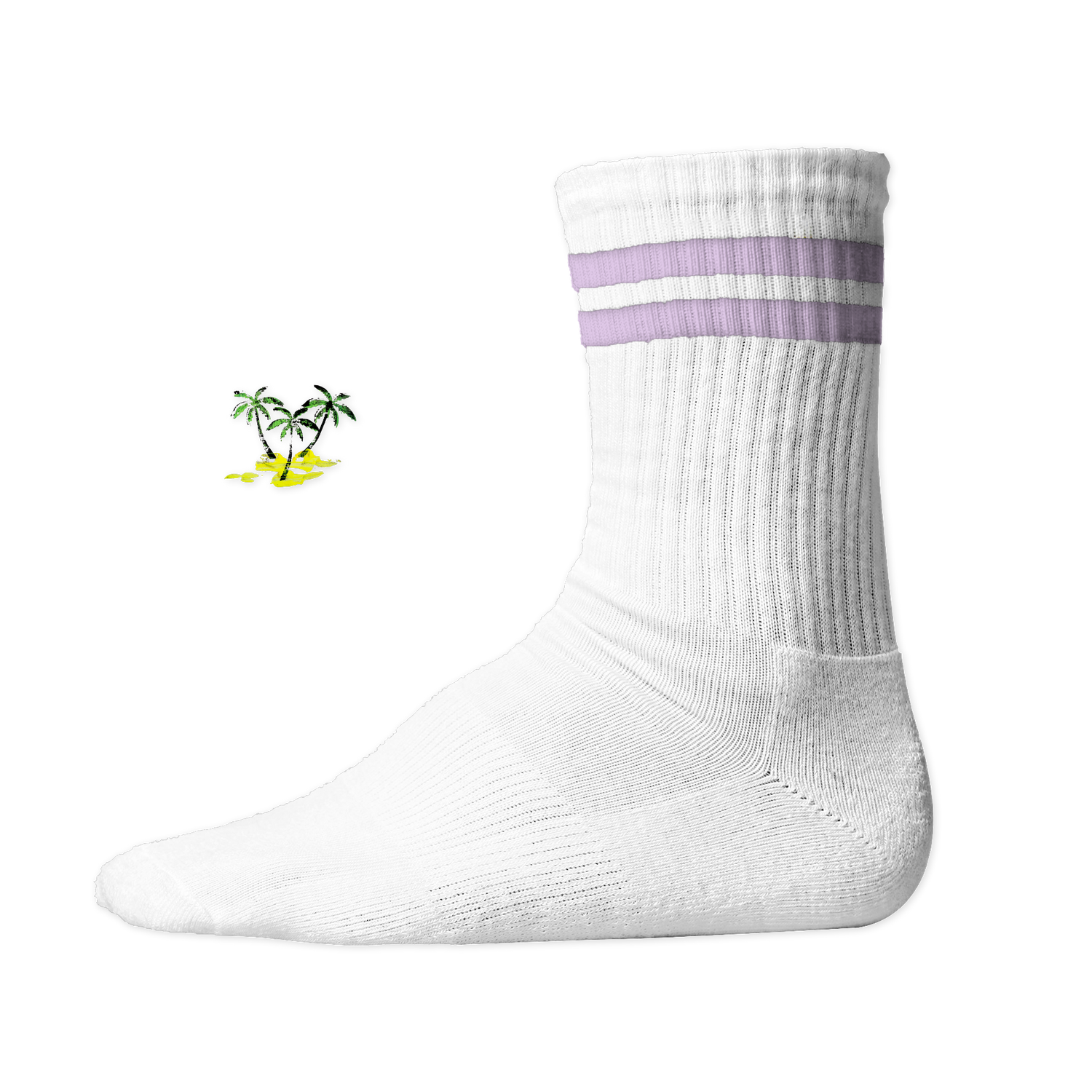 Weiße, gerippte Tennis Socke mit einem sommerlichen Palmen- und Strand-Druckmotiv auf der Schaftseite. Lilac Stripes