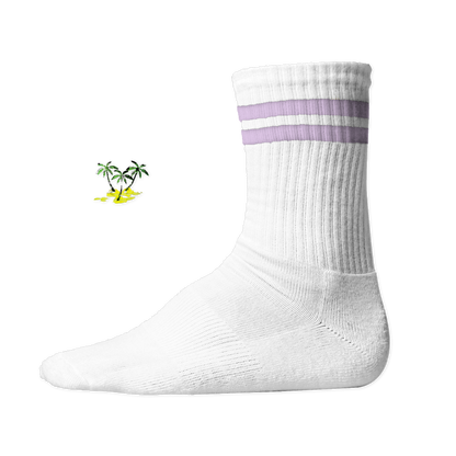 Weiße, gerippte Tennis Socke mit einem sommerlichen Palmen- und Strand-Druckmotiv auf der Schaftseite. Lilac Stripes