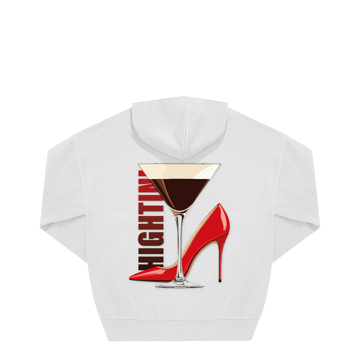 Weißer Hoodie mit rotem High Heel, Martini-Glas und „HIGH TIME“-Schriftzug – nachhaltig – einzigartigbunt