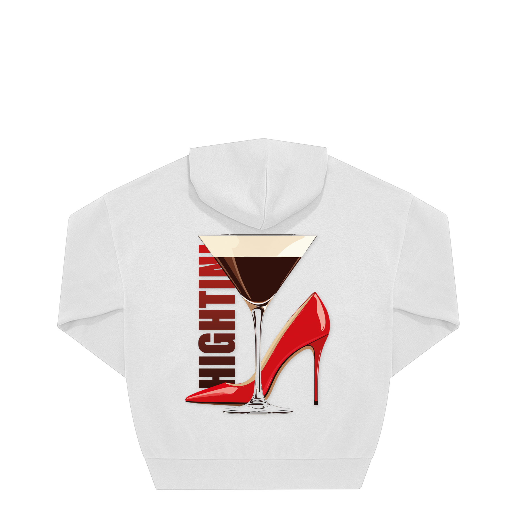 Weißer Hoodie mit rotem High Heel, Martini-Glas und „HIGH TIME“-Schriftzug – nachhaltig – einzigartigbunt