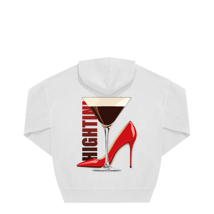 Weißer Hoodie mit rotem High Heel, Martini-Glas und „HIGH TIME“-Schriftzug – nachhaltig – einzigartigbunt