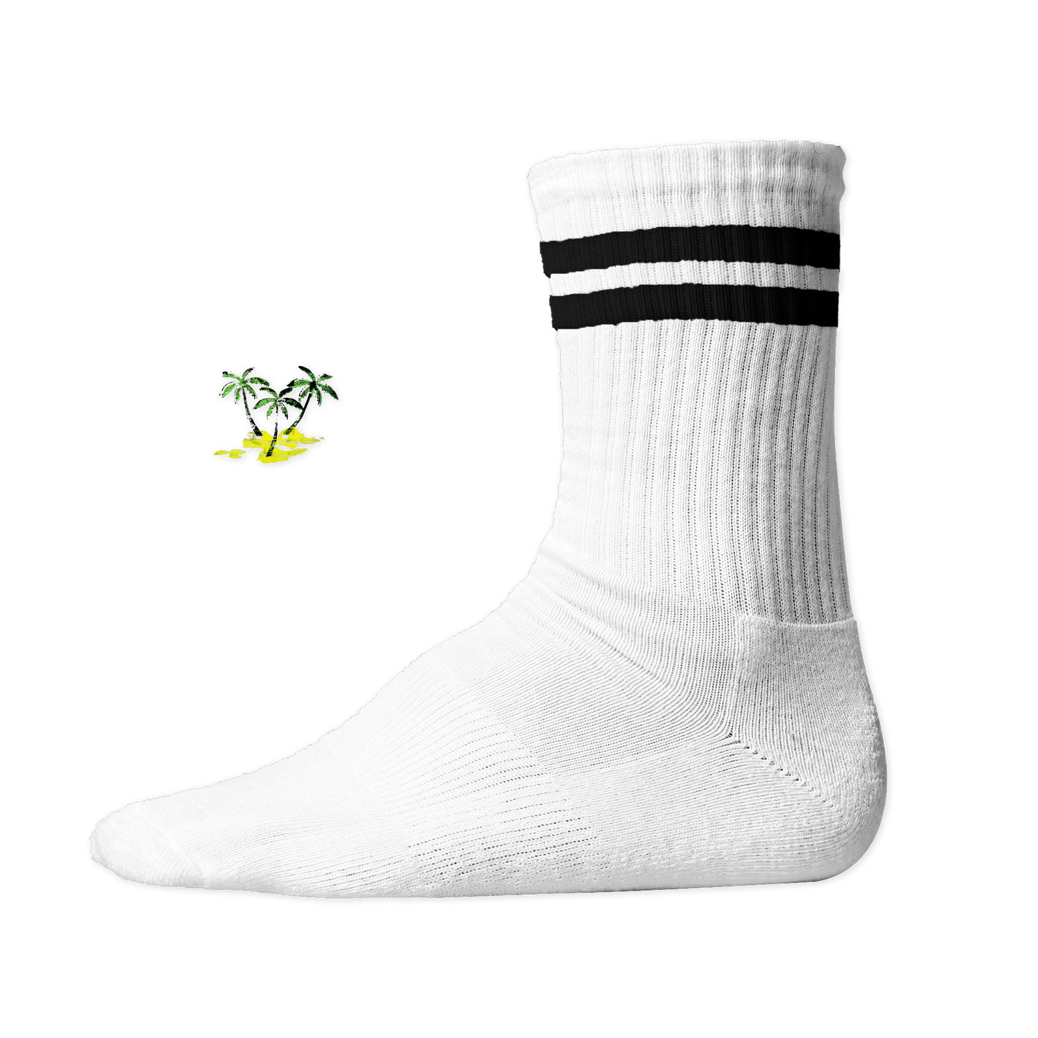 Weiße, gerippte Tennis Socke mit einem sommerlichen Palmen- und Strand-Druckmotiv auf der Schaftseite. Black Stripes