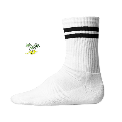 Weiße, gerippte Tennis Socke mit einem sommerlichen Palmen- und Strand-Druckmotiv auf der Schaftseite. Black Stripes