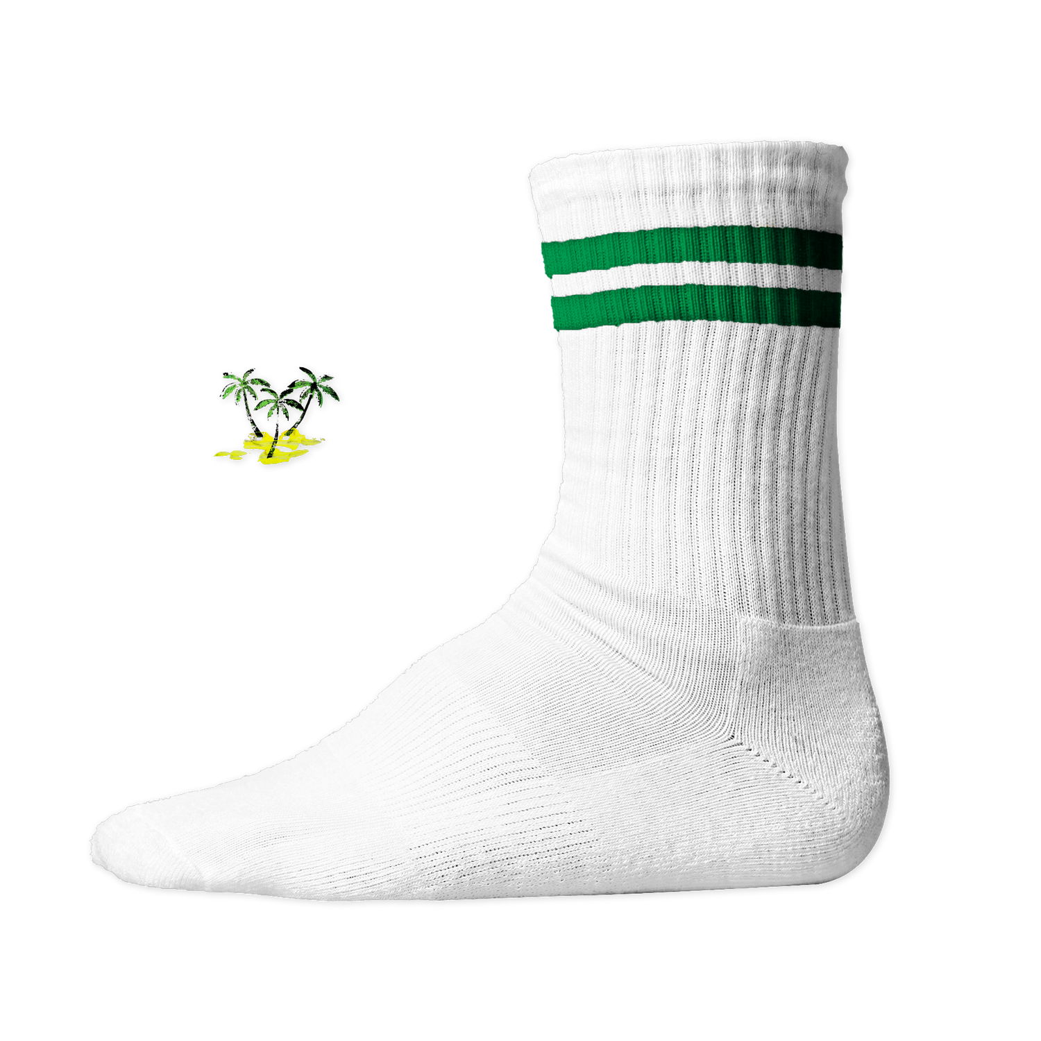 Weiße, gerippte Tennis Socke mit einem sommerlichen Palmen- und Strand-Druckmotiv auf der Schaftseite. Green Stripes