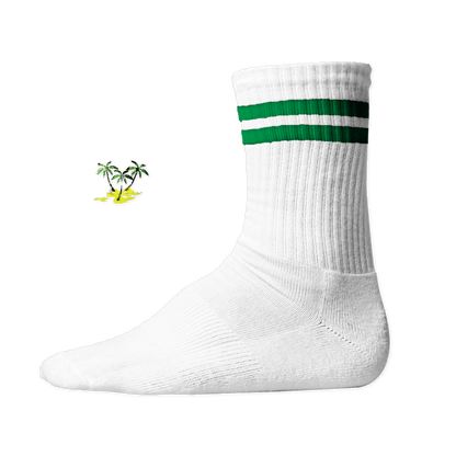 Weiße, gerippte Tennis Socke mit einem sommerlichen Palmen- und Strand-Druckmotiv auf der Schaftseite. Green Stripes