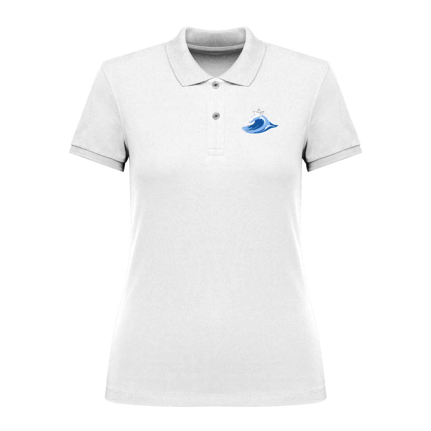 Weißes Polo-Shirt mit blauem Wellen-Motiv und Krone, nachhaltig – einzigartigbunt