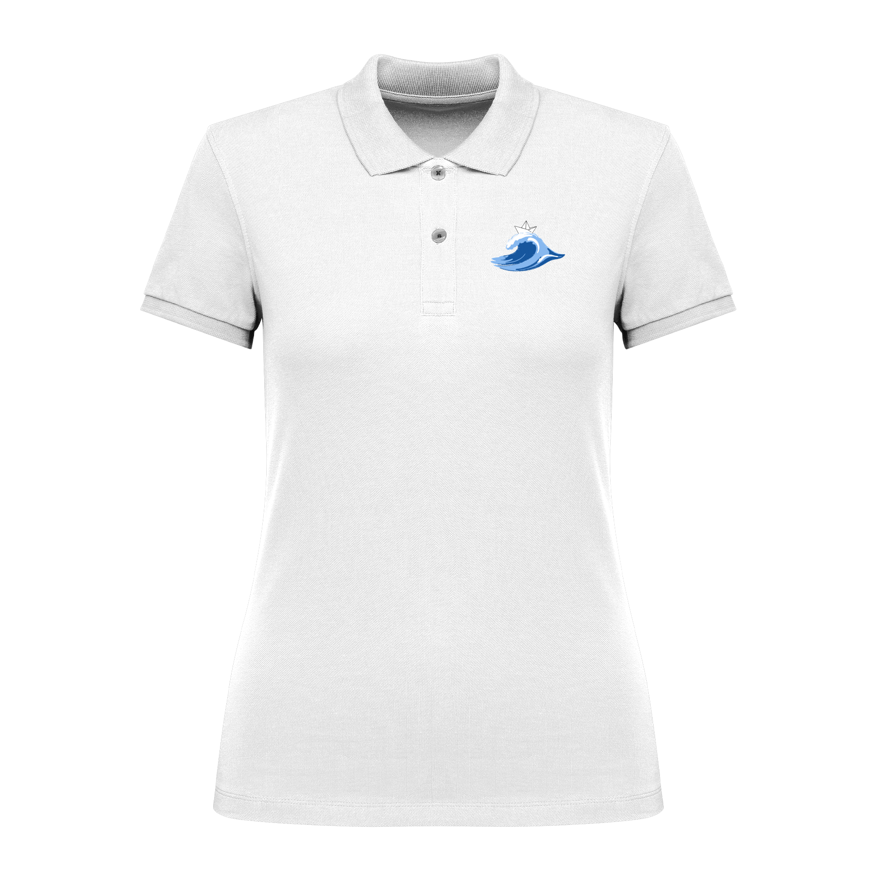 Weißes Polo-Shirt mit blauem Wellen-Motiv und Krone, nachhaltig – einzigartigbunt