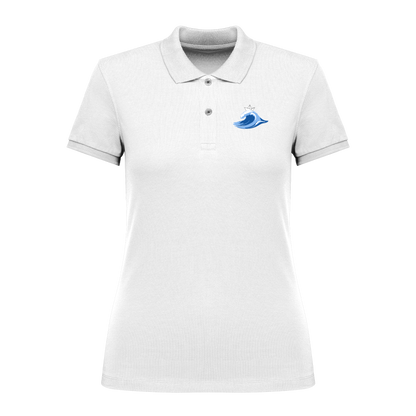 Weißes Polo-Shirt mit blauem Wellen-Motiv und Krone, nachhaltig – einzigartigbunt
