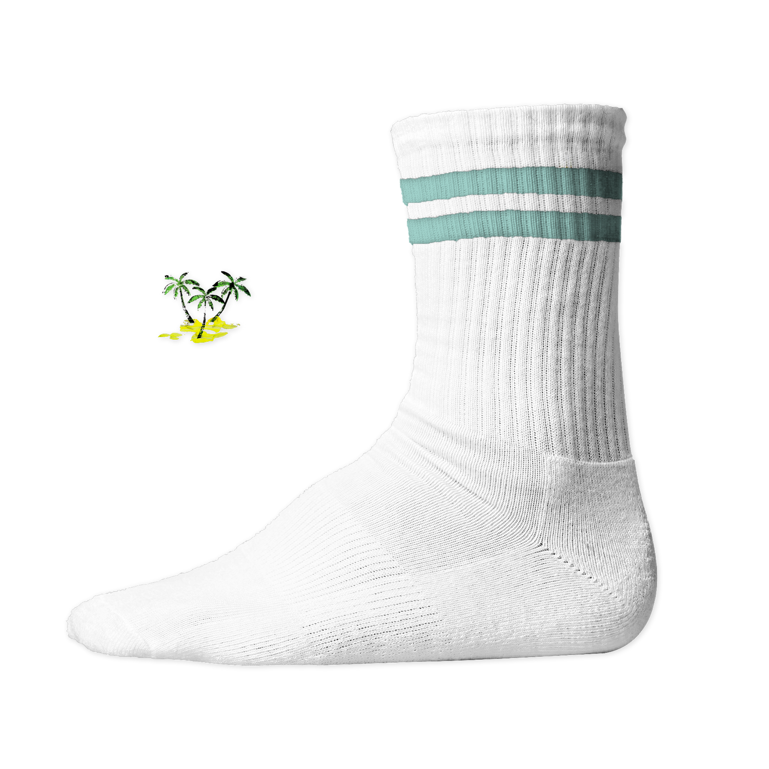 Weiße, gerippte Tennis Socke mit einem sommerlichen Palmen- und Strand-Druckmotiv auf der Schaftseite. Mint Stripes
