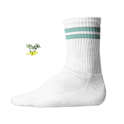 Weiße, gerippte Tennis Socke mit einem sommerlichen Palmen- und Strand-Druckmotiv auf der Schaftseite. Mint Stripes