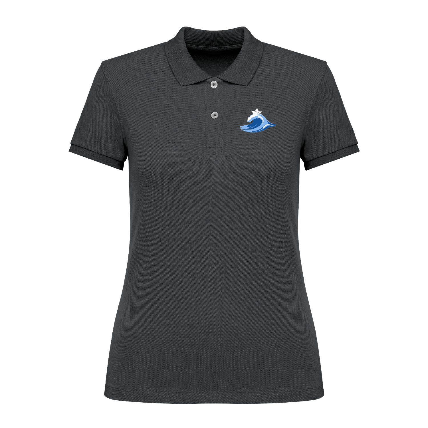 Dunkelgraues Polo-Shirt mit blauer Wellen- und Segelboot-Stickerei, nachhaltig – einzigartigbunt
