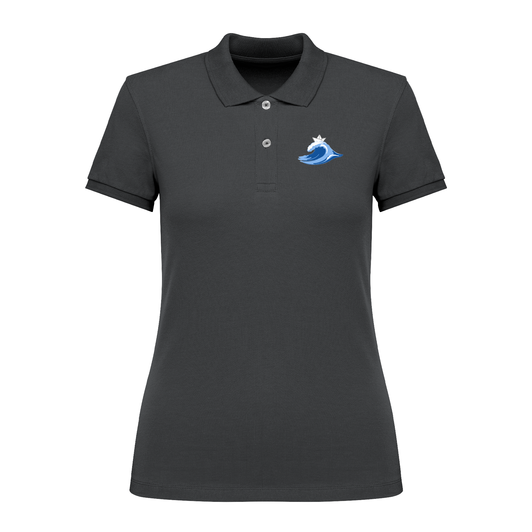 Dunkelgraues Polo-Shirt mit blauer Wellen- und Segelboot-Stickerei, nachhaltig – einzigartigbunt