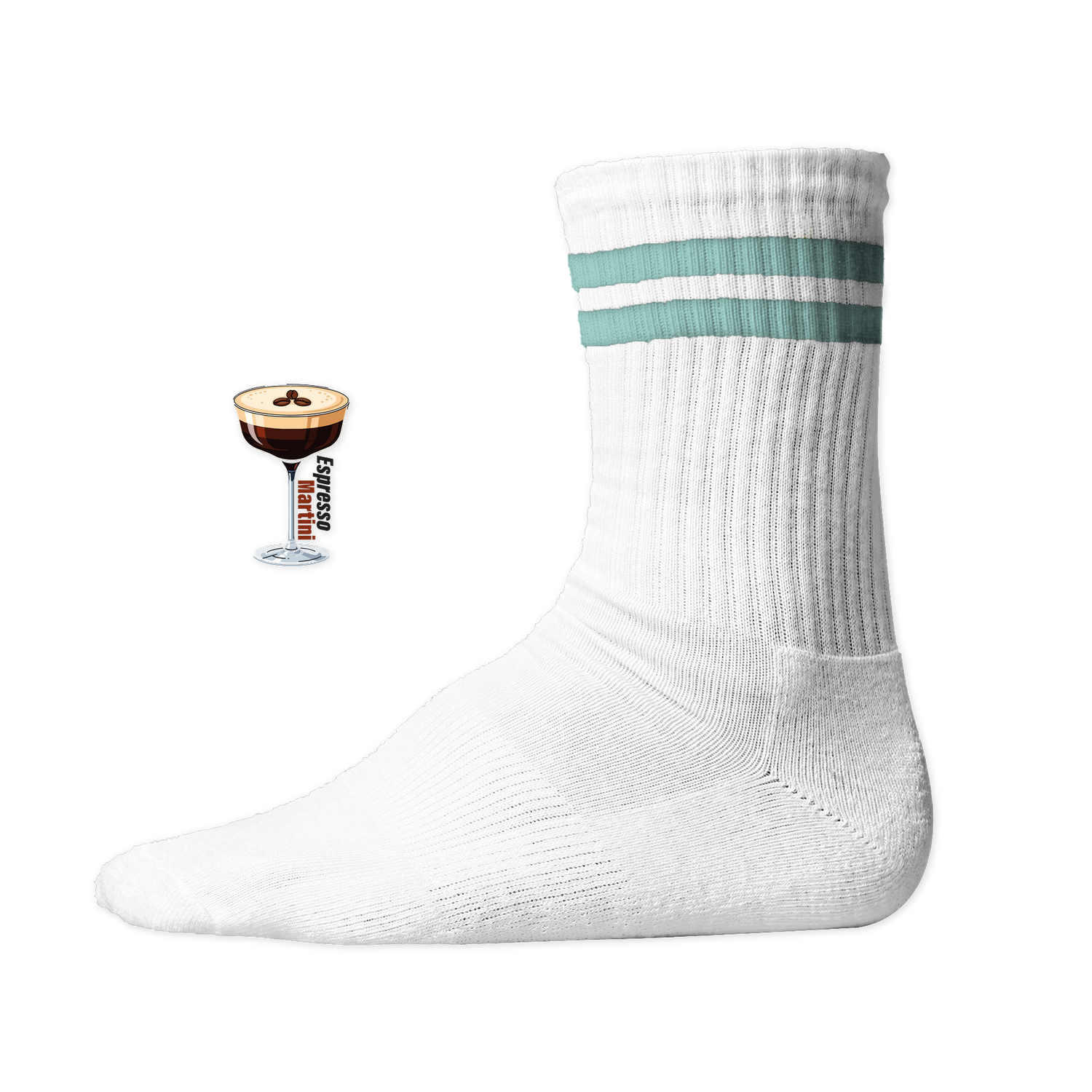 Weiße Tennis Socke mit einem gestickten Espresso Martini Glas und Text auf der Schaftseite. Mint Stripes