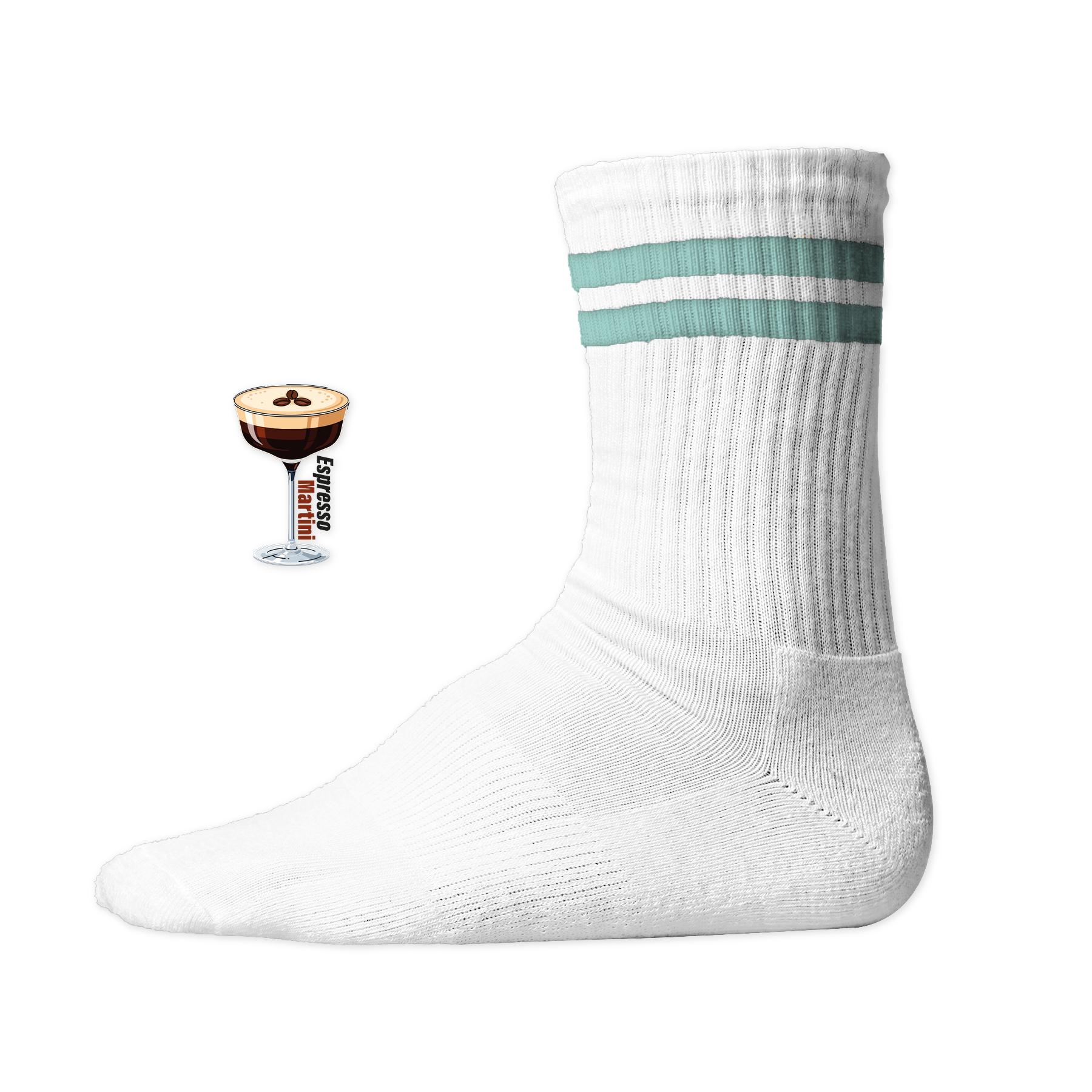 Weiße Tennis Socke mit einem gestickten Espresso Martini Glas und Text auf der Schaftseite. Mint Stripes