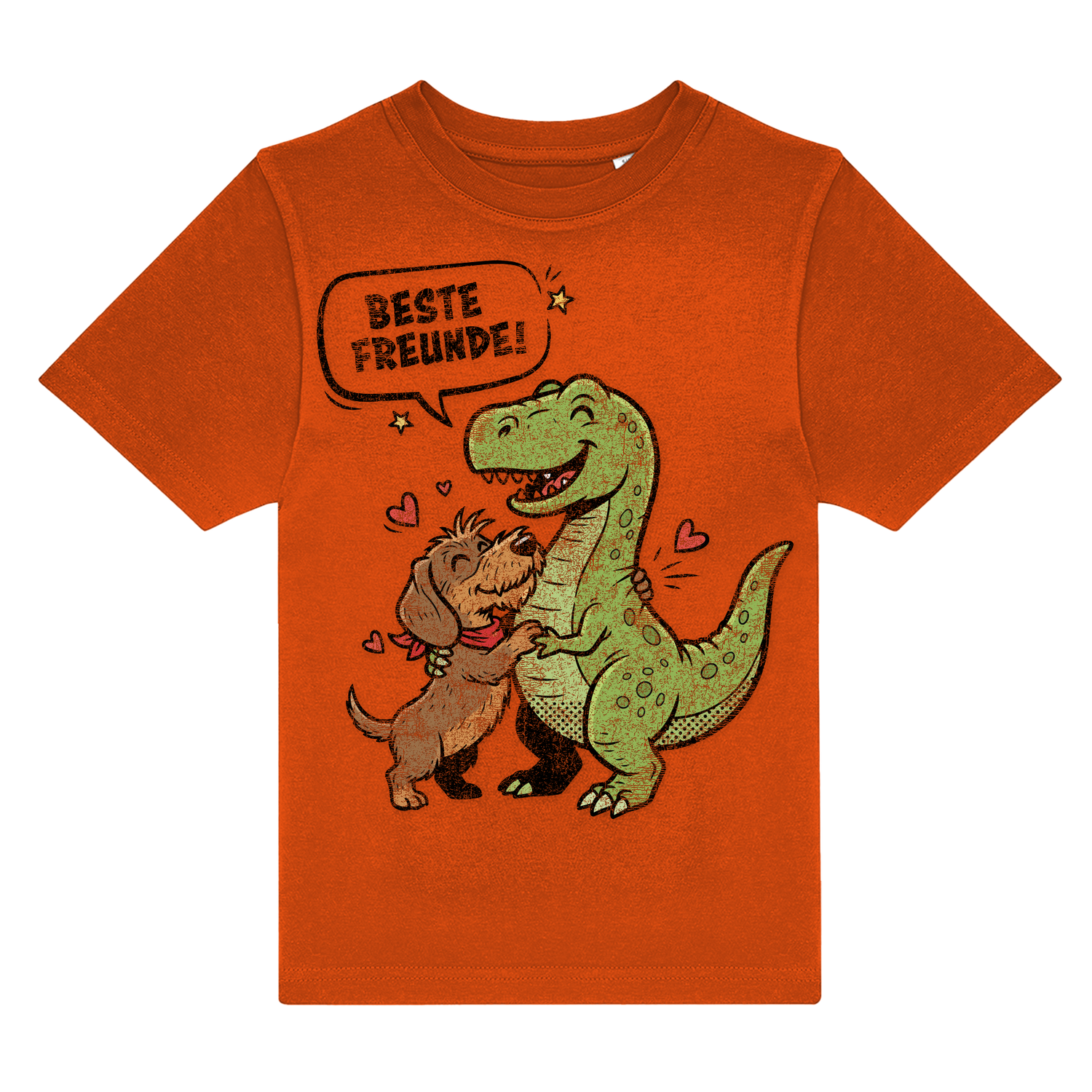 Orange Kinder-Shirt mit Dackel &amp; Dino Motiv, „Beste Freunde!“ Spruch, nachhaltig – einzigartigbunt