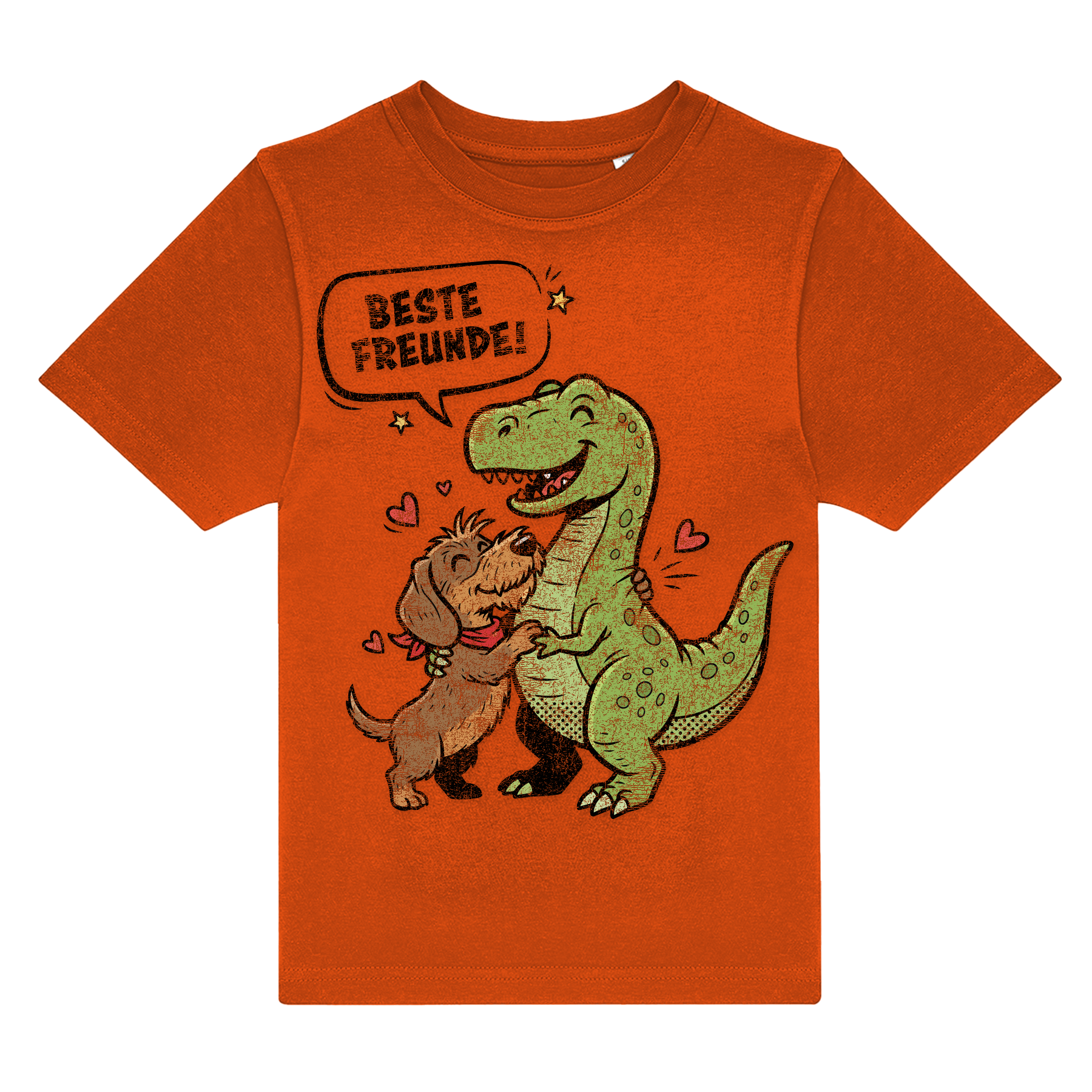 Orange Kinder-Shirt mit Dackel &amp; Dino Motiv, „Beste Freunde!“ Spruch, nachhaltig – einzigartigbunt
