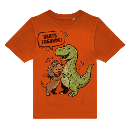 Orange Kinder-Shirt mit Dackel &amp; Dino Motiv, „Beste Freunde!“ Spruch, nachhaltig – einzigartigbunt