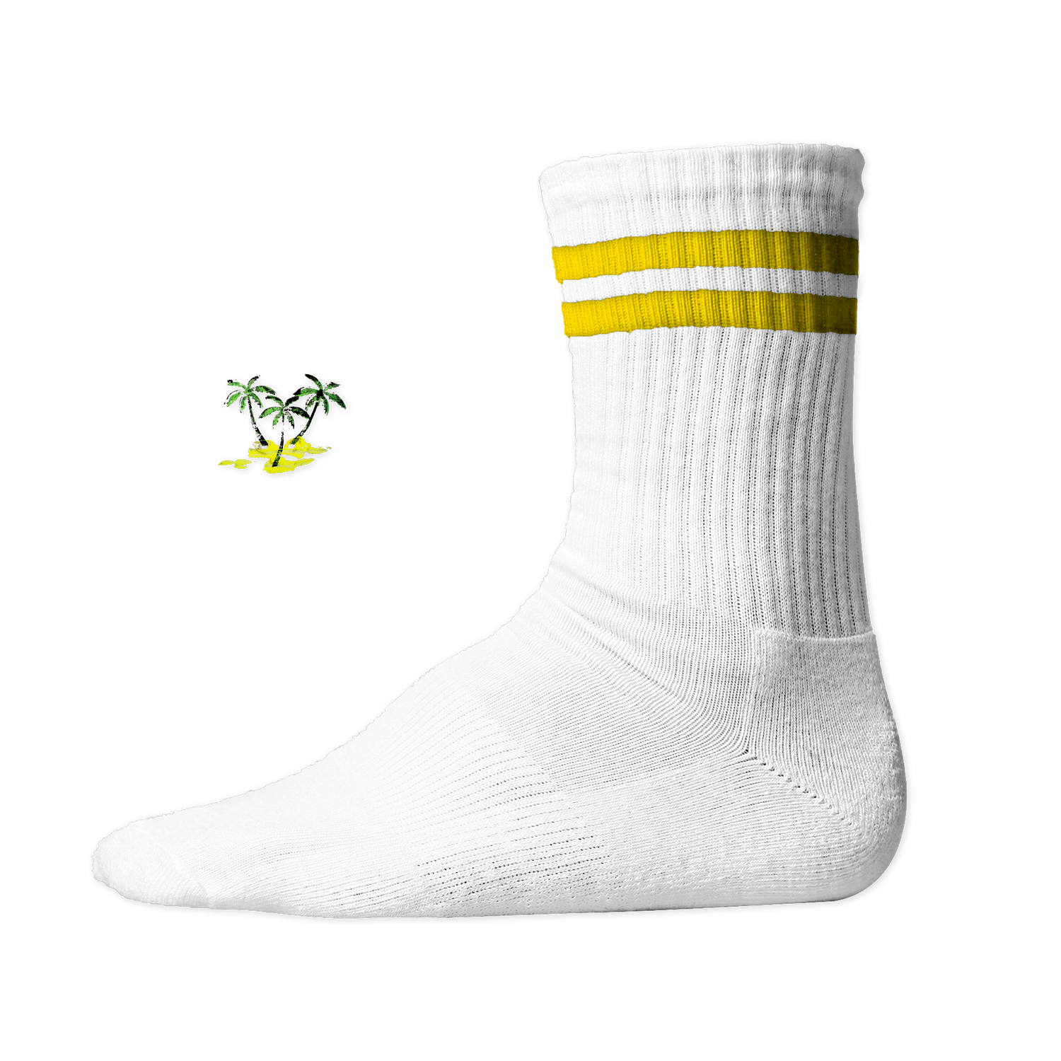 Weiße, gerippte Tennis Socke mit einem sommerlichen Palmen- und Strand-Druckmotiv auf der Schaftseite. Yellow Stripes