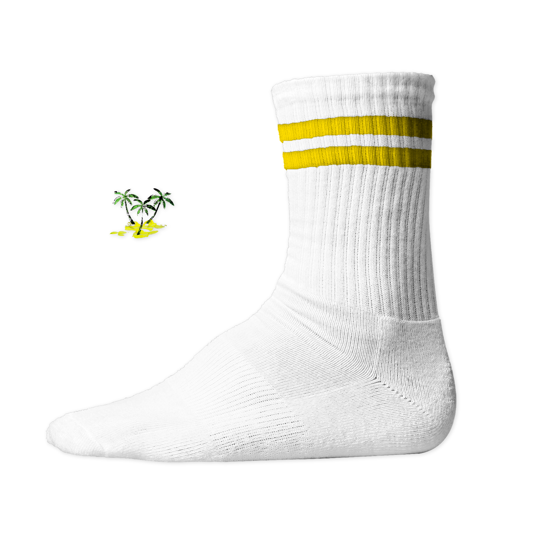 Weiße, gerippte Tennis Socke mit einem sommerlichen Palmen- und Strand-Druckmotiv auf der Schaftseite. Yellow Stripes